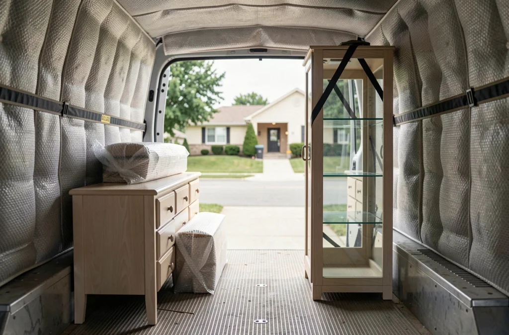 Intérieur d'un camion de déménagement avec meubles fragiles emballés et sanglés