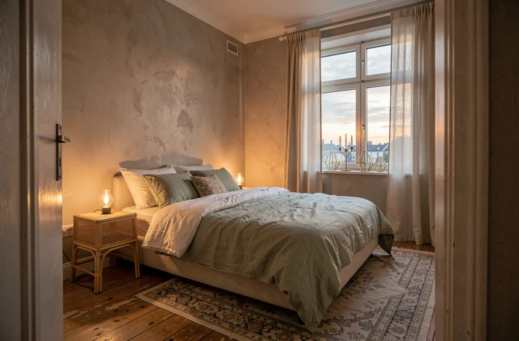 Chambre à coucher au crépuscule avec lampe Edison et bougies sur le rebord de fenêtre pour une atmosphère apaisante et tamisée