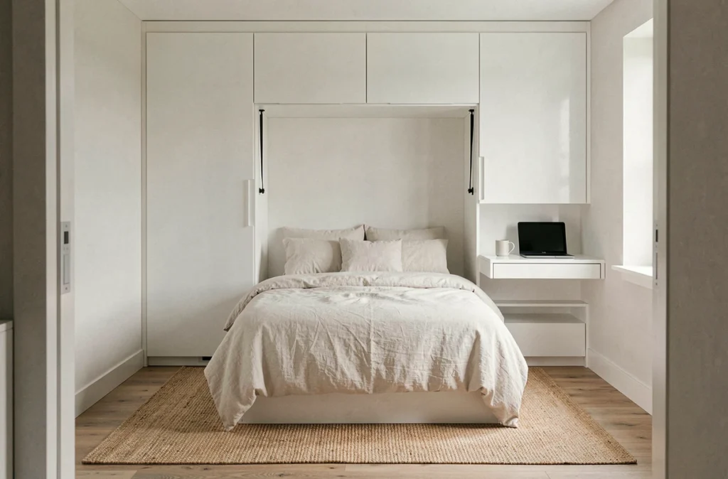 Petite chambre moderne avec lit escamotable Murphy intégré dans un système de rangement modulaire mural blanc