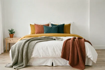 Chambre minimaliste aux murs blancs dynamisée par des coussins et plaids colorés en moutarde, terracotta et bleu canard sur un lit en lin