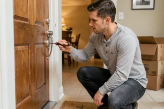 Homme changeant la serrure de sa porte d'entrée après un emménagement
