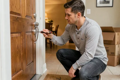 Homme changeant la serrure de sa porte d'entrée après un emménagement