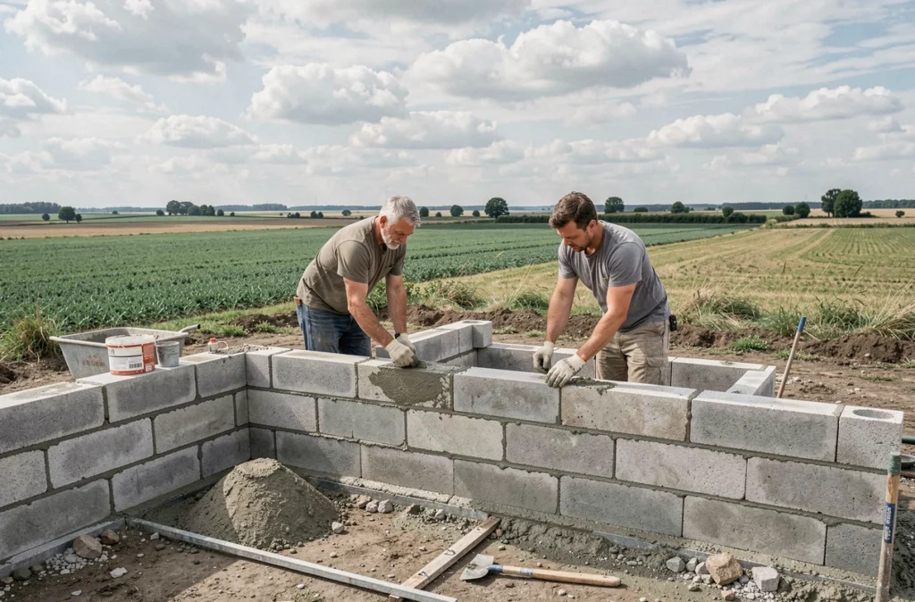 Deux maçons posant des parpaings pour un chantier résidentiel en pays de Retz avec paysage bocager en arrière-plan