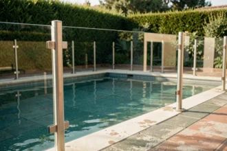 Clôture de sécurité en verre trempé autour d'une piscine résidentielle moderne avec portillon verrouillable