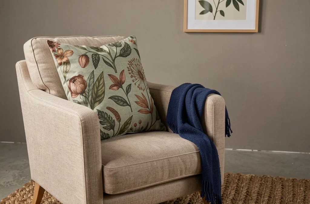 Coin lecture avec fauteuil en lin naturel et coussins à motifs botaniques colorés qui réchauffent une chambre épurée aux tons neutres