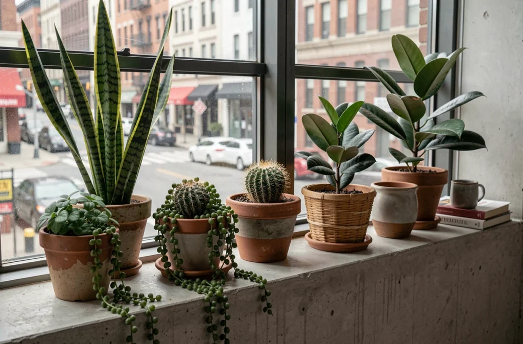 Collection de plantes d'intérieur variées sur un rebord de fenêtre dans un appartement urbain moderne