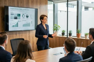 Responsable communication interne présentant des informations claires et rassurantes à une équipe en salle de réunion moderne