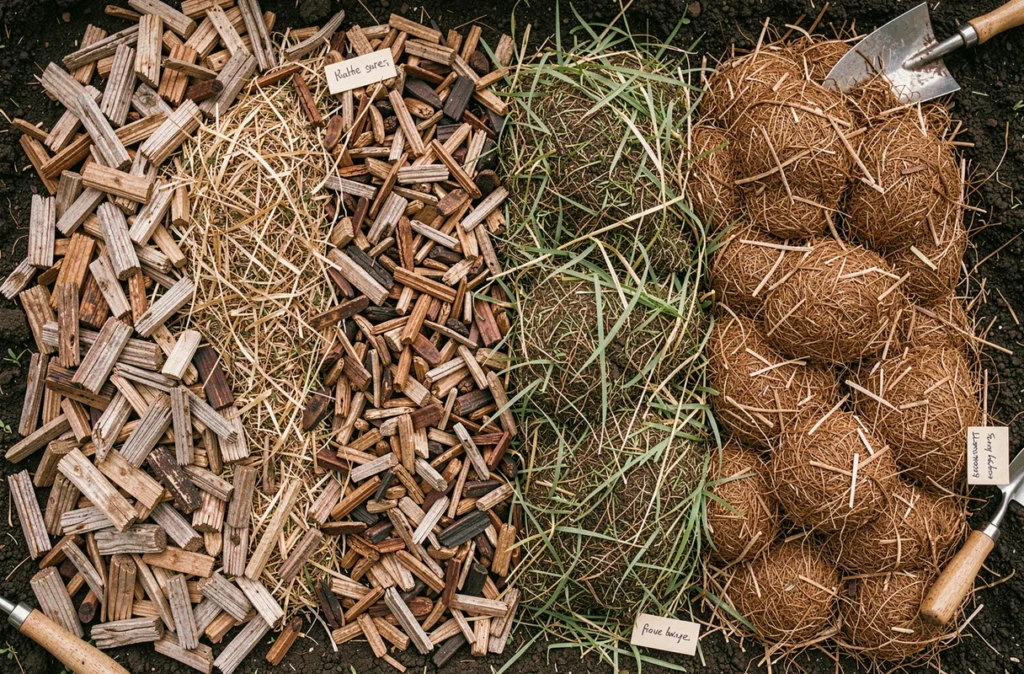 Vue aérienne comparative de différents types de paillage naturel pour le jardin, incluant copeaux de bois, tonte de gazon et écorce broyée