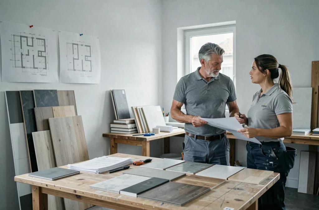 Bureau professionnel de Concept Rénov Sarl avec plans de rénovation et échantillons de matériaux en Moselle