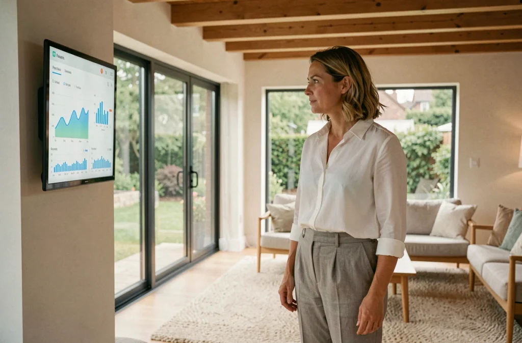 Femme consultant un tableau de bord de consommation énergétique dans une maison bien isolée aux fenêtres triple vitrage