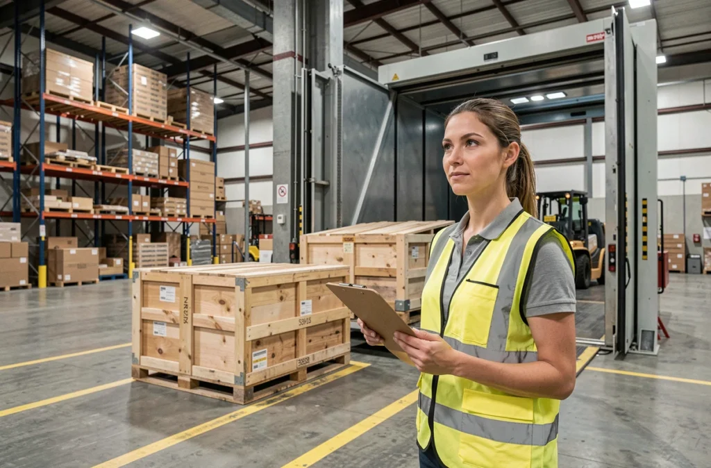 Coordinatrice logistique supervisant le chargement de caisses volumineuses dans un monte-charge industriel à l'intérieur d'un entrepôt
