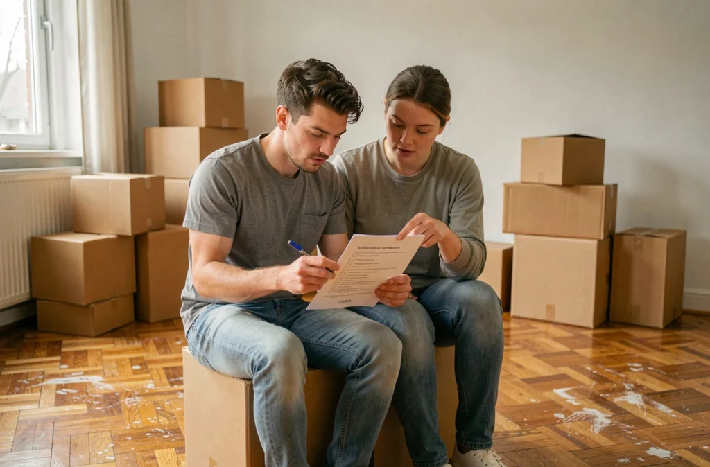 Couple consultant une checklist administrative assis sur des cartons dans un appartement vide lors d'un déménagement