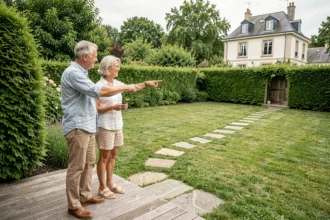Couple discutant de l'emplacement idéal pour une piscine dans leur jardin paysager