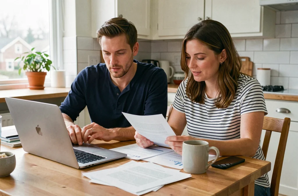 Couple assis à une table de cuisine consultant des documents administratifs sur un ordinateur portable lors d'une installation dans une nouvelle commune
