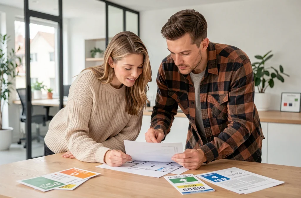 Couple étudiant les documents d'efficacité énergétique d'un logement dans une agence immobilière