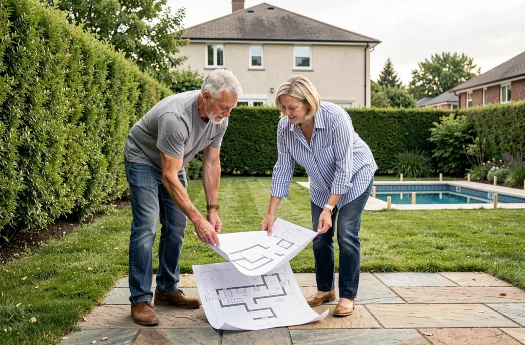 Couple examinant les plans d'implantation de leur future piscine dans le jardin avant les démarches administratives