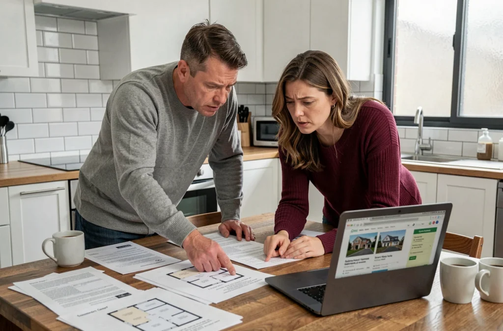 Couple vérifiant les documents d'un compromis de vente immobilière à leur domicile
