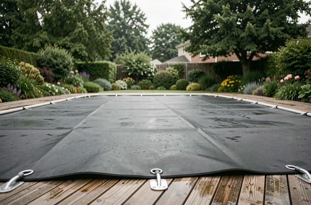 Couverture de sécurité homologuée tendue sur une piscine extérieure avec fixations métalliques visibles
