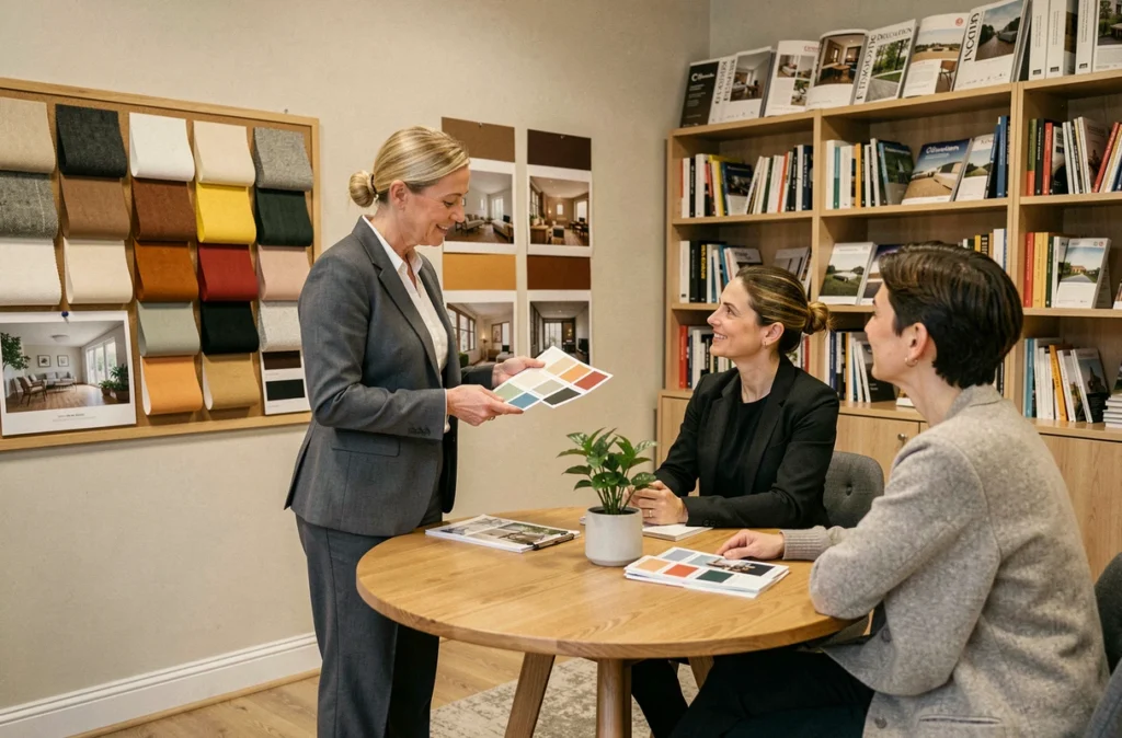 Consultante de CR Décoration présentant des échantillons de couleurs et de tissus à des clients en Moselle