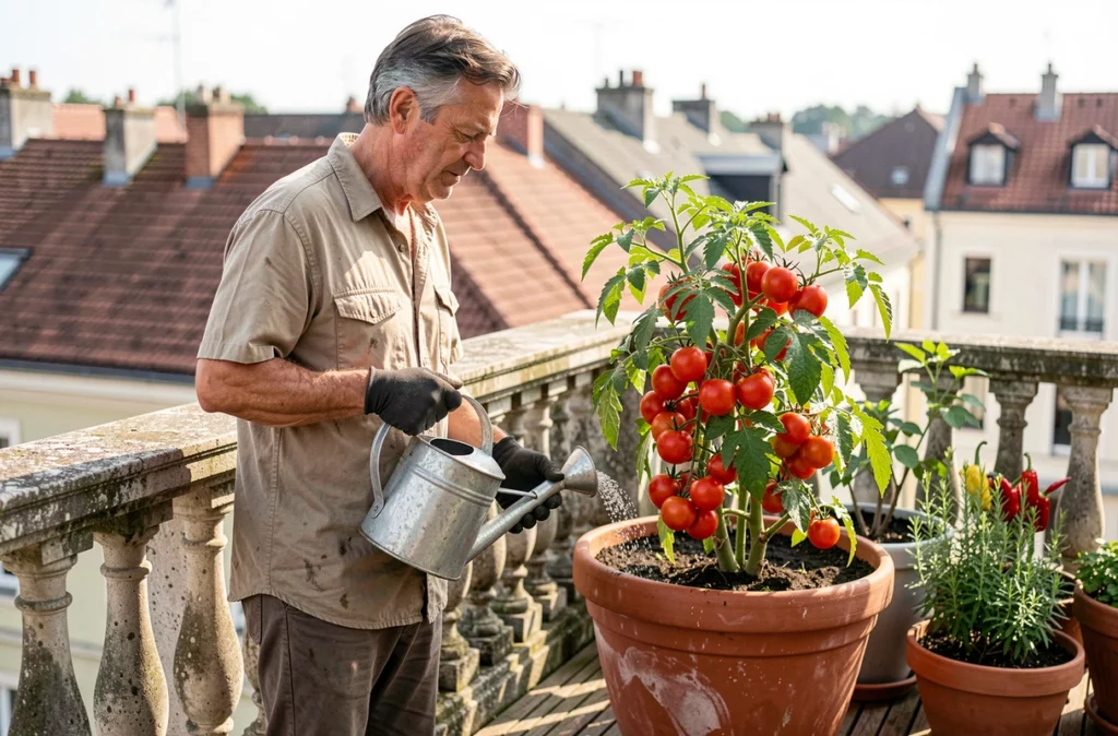 Homme arrosant des tomates cultivées en pot sur un balcon urbain avec un arrosoir en métal