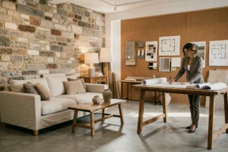 Vue panoramique d'un studio de décoration d'intérieur en Moselle avec mobilier contemporain et éléments rustiques