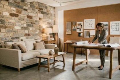 Vue panoramique d'un studio de décoration d'intérieur en Moselle avec mobilier contemporain et éléments rustiques