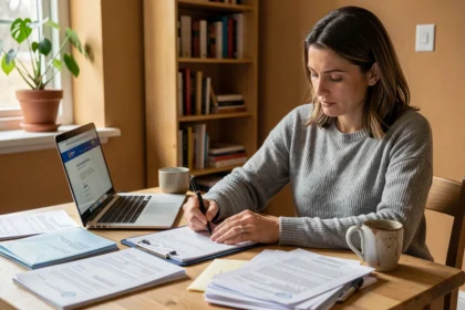 Femme remplissant des formulaires administratifs pour un déménagement à son bureau à domicile