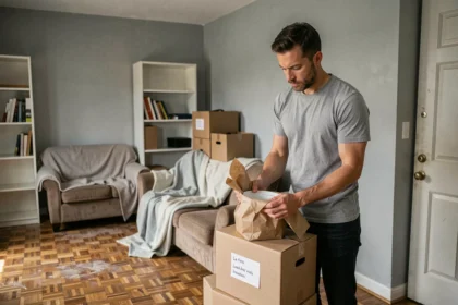 Homme préparant des cartons de déménagement un jour de semaine dans un appartement calme