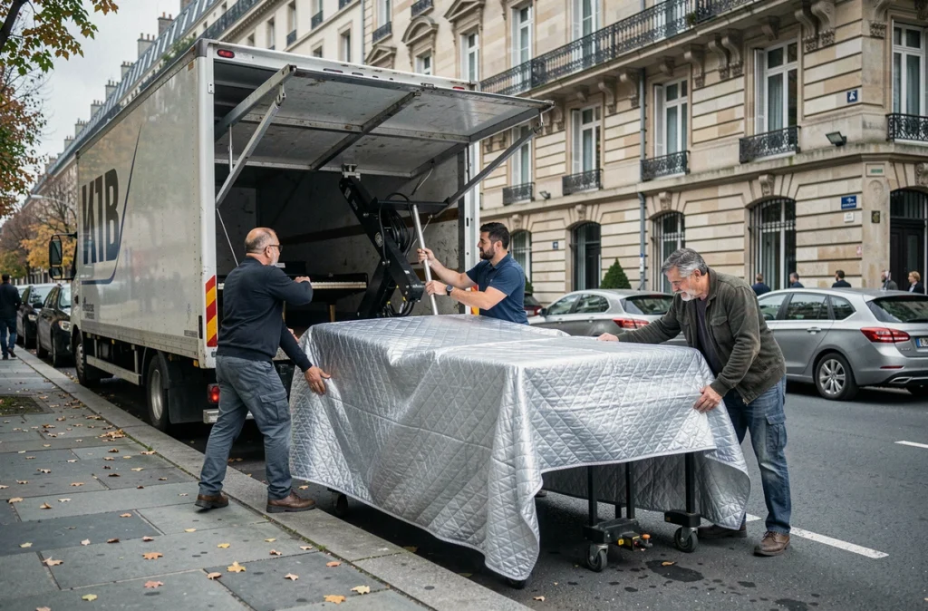 Trois déménageurs professionnels utilisant un hayon élévateur pour descendre un piano à queue emballé sur un trottoir parisien