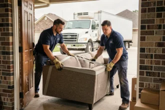 Deux déménageurs professionnels en uniforme transportant un grand canapé par la porte d'entrée d'une maison avec un camion de déménagement en arrière-plan
