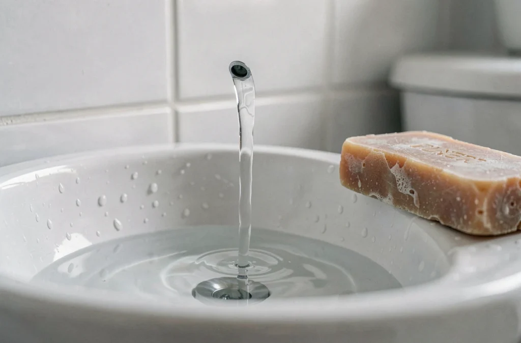 Eau coulant du robinet d'un lave-main intégré sur WC avec savon naturel posé sur la vasque en céramique