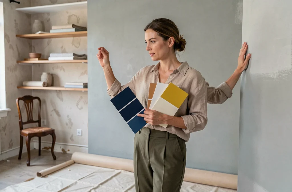 Femme comparant des échantillons de peinture bleu, moutarde et blanc cassé contre un mur de salon en cours de décoration
