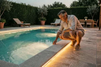 Homme inspectant l'éclairage LED autour d'une piscine extérieure moderne au crépuscule
