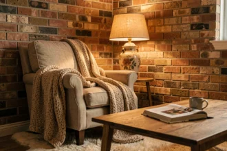 Salon cosy avec lampe de chevet vintage et fauteuil en lin pour une atmosphère tamisée et chaleureuse