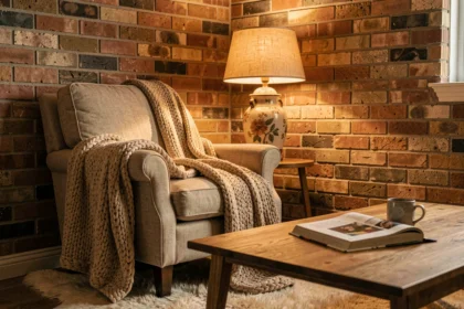 Salon cosy avec lampe de chevet vintage et fauteuil en lin pour une atmosphère tamisée et chaleureuse
