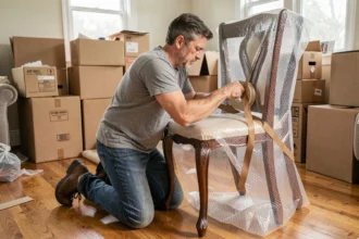 Homme emballant une chaise ancienne en bois avec du papier bulle avant un déménagement