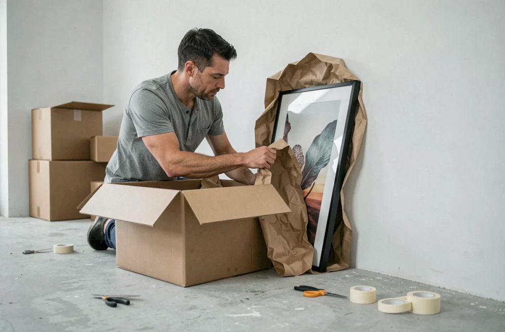 Homme emballant un tableau encadré avec du papier kraft dans des cartons de déménagement