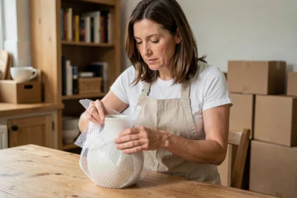 Femme emballant un vase en céramique avec du papier bulle sur une table en bois avant un déménagement