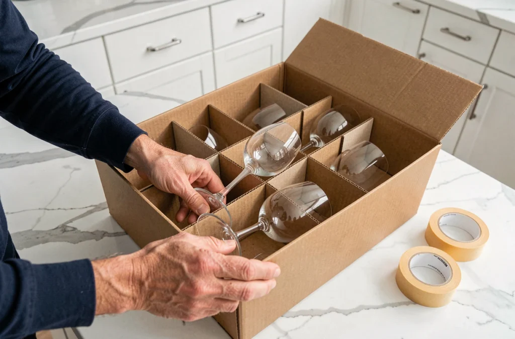 Mains rangeant des verres à vin dans des alvéoles de carton pour un emballage sécurisé sans casse