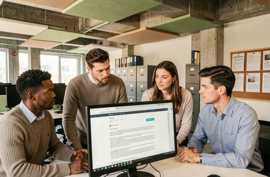 Groupe de collègues lisant une communication interne rassurante sur un écran partagé dans un open space moderne
