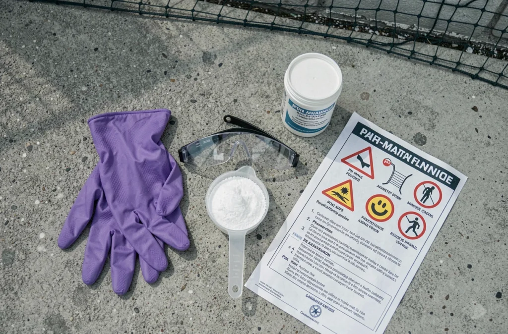 Vue du dessus des équipements de sécurité pour manipulation de produits chimiques de piscine incluant gants, lunettes et notice d'instructions