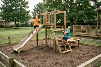 Espace de jeux extérieur sécurisé avec structure en bois, toboggan et bac à sable dans un jardin familial