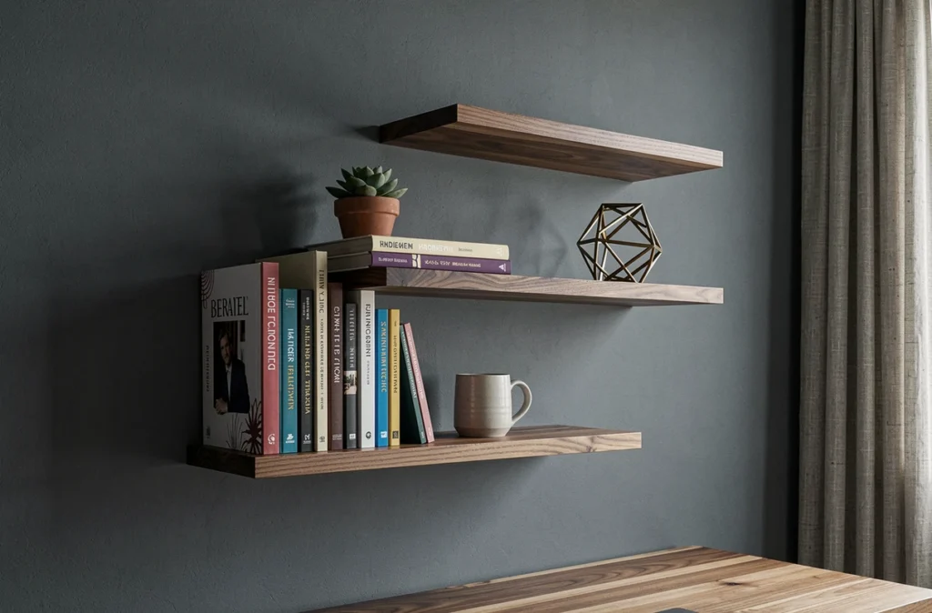 Étagères flottantes en noyer décorées de plantes et livres dans un bureau moderne et élégant
