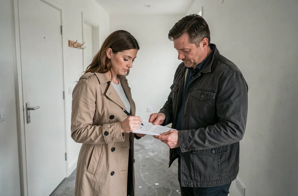 Propriétaire et locataire examinant ensemble un document lors de l'état des lieux de sortie dans un couloir vide