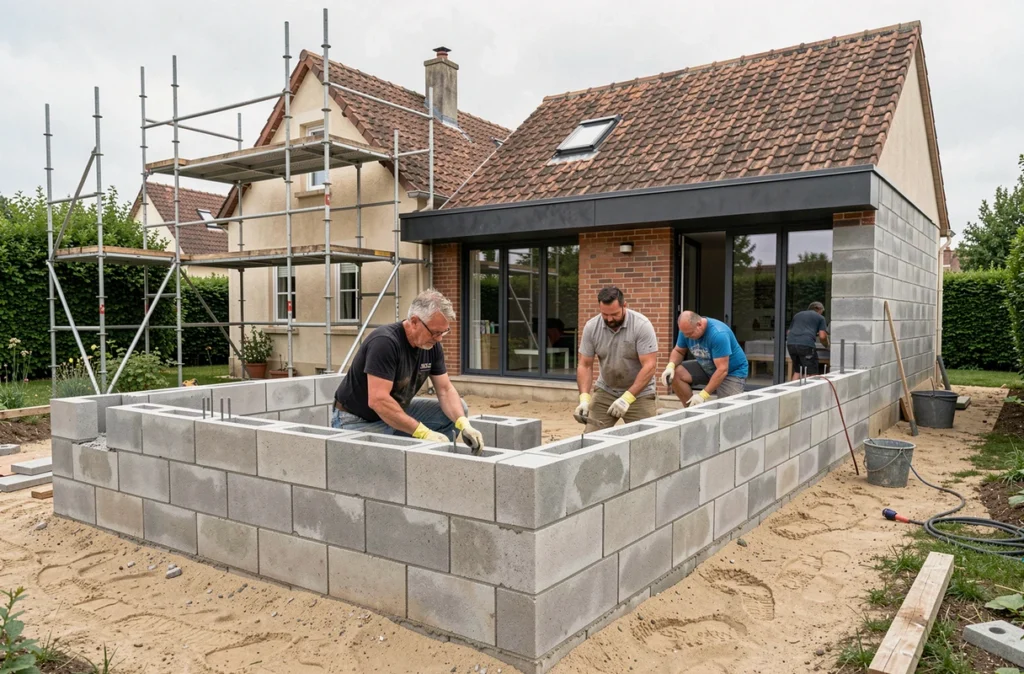 Équipe de maçons construisant une extension et une surélévation sur une maison individuelle dans l'est de la Loire-Atlantique