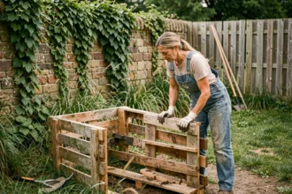 Femme assemblant un composteur en palettes de bois de récupération dans un jardin verdoyant