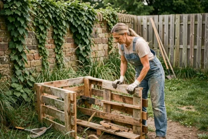 Femme assemblant un composteur en palettes de bois de récupération dans un jardin verdoyant