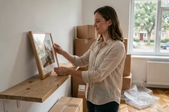 Femme posant un cadre photo sur une étagère dans un appartement en cours d'installation, entouré de cartons de déménagement