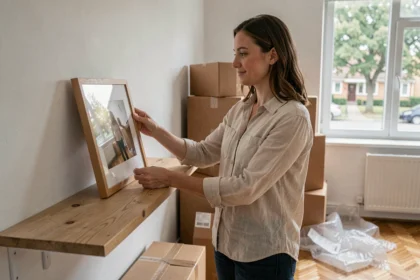 Femme posant un cadre photo sur une étagère dans un appartement en cours d'installation, entouré de cartons de déménagement
