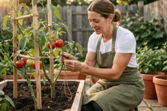 Femme jardinière attachant des plants de tomates à des tuteurs en bois dans un potager en pleine terre